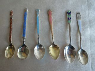 Vintage 6 Sterling Silver & Enamel Guilloche Spoons English,  Sweden,  Norwegian