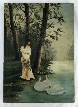 Woman Swans In Lake Antique Vintage Late 19th Century Oil Painting On Canvas