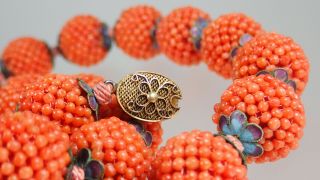 Antique Chinese Republic Silver Natural Coral Woven Bead Floral Enamel Necklace 6