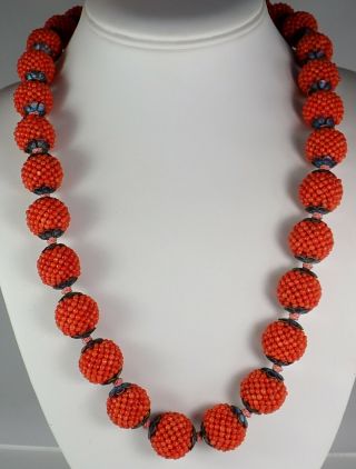 Antique Chinese Republic Silver Natural Coral Woven Bead Floral Enamel Necklace 9