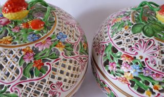 Herend Hungary Rare Matching Pair 2 Large 24ct Porcelain Strawberry Basket Bowls