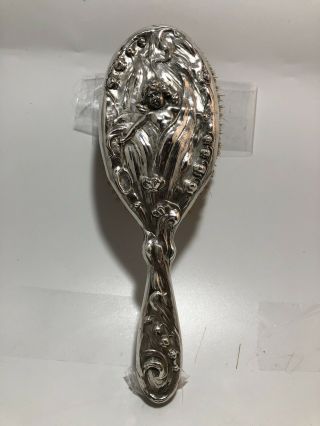 Sterling Silver Art Nouveau Brush With Cherub Catching Butterflies 9 Inches