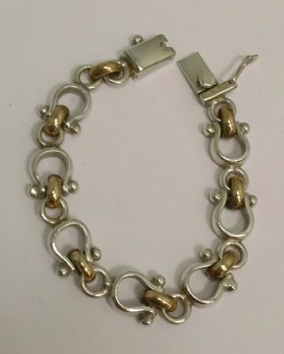 Vintage 950 Silver & Brass Stirrup Link Bracelet 7 " Long From Mexico