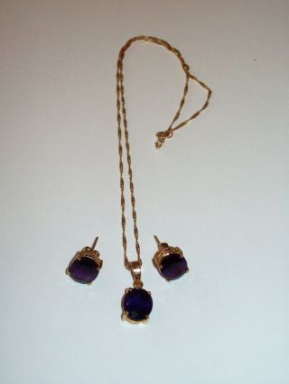 Vintage 14k Yellow Gold Purple Stone Pendant Necklace And Pierced Stud Earrings