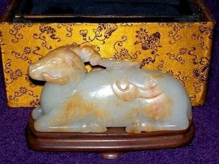 Jade Ox Waterbuffalo Sculpture W/ Ornate Wood Base Antique Hand Carved Chinese