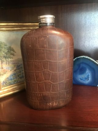 Antique Leather & Sterling Silver Glass Lined Hip Flask
