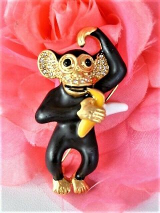 Rare Ciner Enamel & Crystal Monkey Gold Plate Brooch - Never Worn