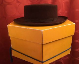 58 7 1/8 Vintage Bates Jermyn St London England 2.  5 " Brim Brown Fur Felt Hat Box