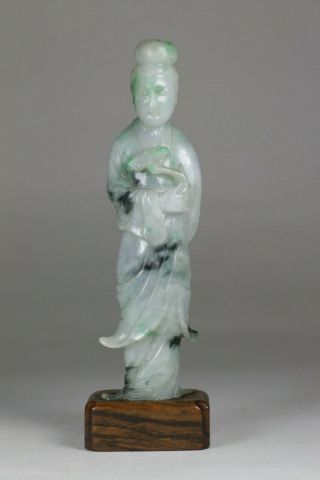 Antique Chinese Qing C1900 Carved Jadeite Guanyin Figure On Hardwood Stand Jade