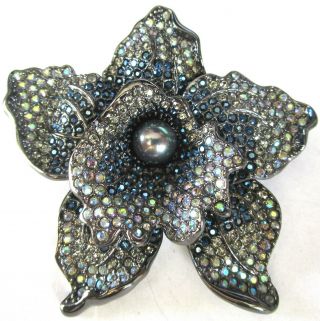 Joan Rivers Huge Bklue & Ab Crystal Flower Pin