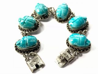 Vintage Heavy Egyptian Silver & Turquoise Enamelled Scarab Beetle Bracelet