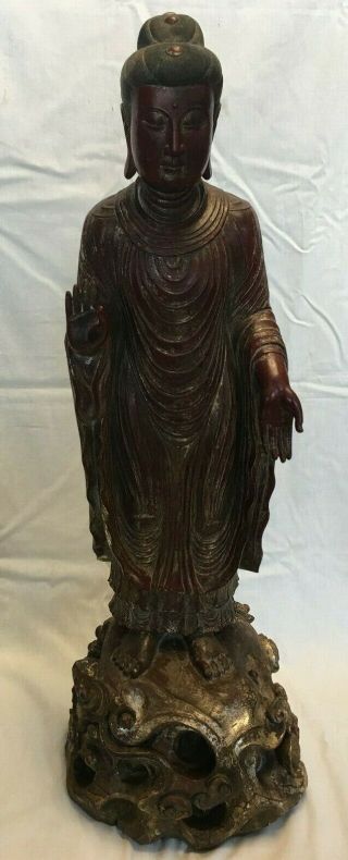 Red & Gold Colored Wooden Standing Buddha Statue