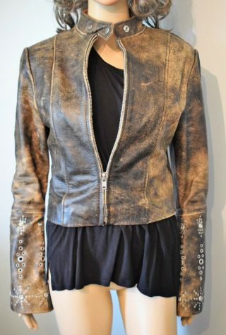 Vtg Von Dutch Women’s Leather Jacket Distressed Small Rivets Rhinestone