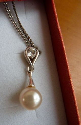 Vintage Silver Necklace With Akoya Pearl And Cz Pendant Lovely Piece