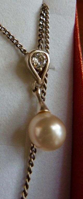 Vintage SILVER Necklace with Akoya Pearl and CZ Pendant LOVELY PIECE 3