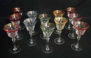 Vtg Multi Colored Cut Panel Crystal Claret Wine Glasses Or Stemware - Set Of 12