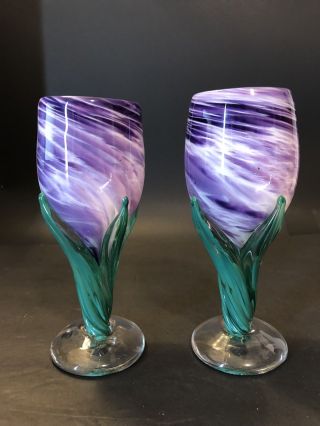 Vtg Pair White Elk Blown Art Glass Wedding Wine Goblets Purple Green Iris Flower