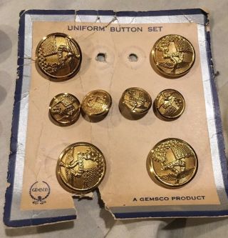 Vintage Gemsco Brass Uniform Button Set Of 8 - Buttons In Card
