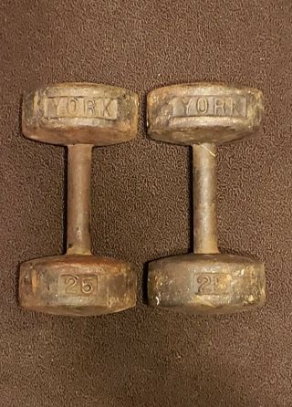 Vintage 25lb York Roundhead Dumbbells Barbell Weights Bodybuilding Exercise Blue