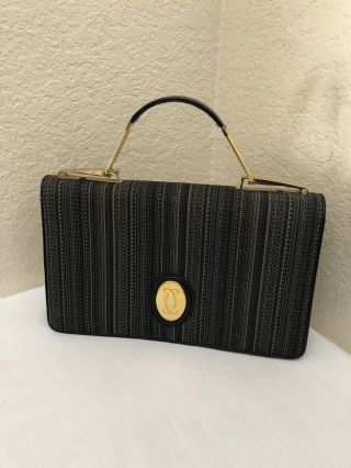 Vtg Les Must De Cartier Black Leather Gray Stripes Nylon Hand Bag Clutch