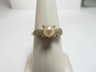 Vintage 1940s 14k Solid Gold Ring W/ 5.  5 Mm Cultured Pearl & Natural Diamonds