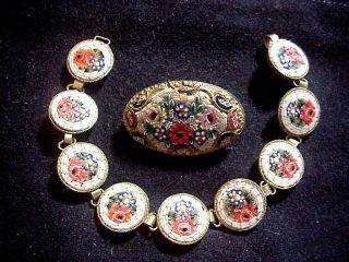 Vintage Made In Italy Micro Mosaic Floral Brooch & Matching Bracelet With Roses