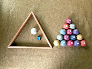 VINTAGE ANTIQUE CLAY BILLIARD POOL BALL SET WITH RACK AND CUE BALL 1 7/8 
