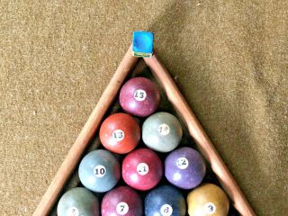 VINTAGE ANTIQUE CLAY BILLIARD POOL BALL SET WITH RACK AND CUE BALL 1 7/8 