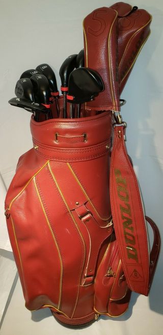 Vintage Dunlop Maxfli Red & Gold Leather Golf Bag W Head Cover & Clubs