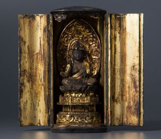 Old Japanese Japan,  Buddhism Buddha Statue Kannon,  Bodhisattva Zushi Box 27cm　政