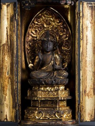 old Japanese Japan,  Buddhism Buddha statue kannon,  Bodhisattva Zushi box 27cm　政 2