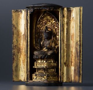 old Japanese Japan,  Buddhism Buddha statue kannon,  Bodhisattva Zushi box 27cm　政 9