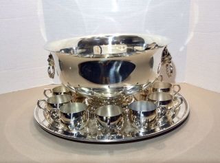 Large 3 Gallon Vintage Silverplate Lions Head Punch Bowl Cups Sheffield Platter
