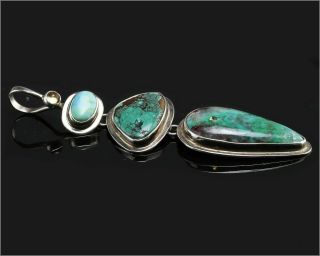 Vintage Native American Navajo Style Huge Three - Stone Turquoise Sterling Pendant