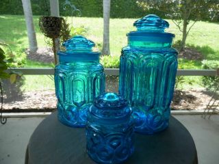 Set Of 3 Vintage L.  E.  Smith Blue Moon And Stars Apothecary Canister Jars