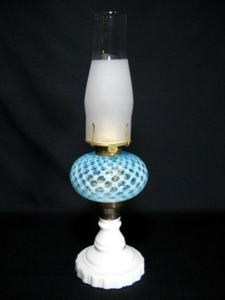 Vintage Fenton Blue Opalescent Honeycomb 18 " Oil Lamp W/ Milk Glass Base