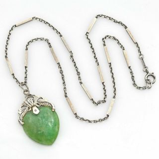 Vintage Sterling Silver Translucent Green Jade Heart Pendant Necklace 10.  9g