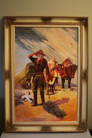 Western Themed Vintage Oil Painting On Canvas Framed And Titled " The Prospector "