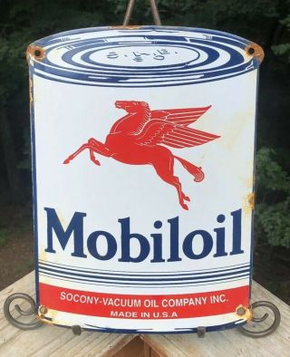 Vintage Old Mobiloil Motor Oil Can Porcelain Gas Pump Sign Advertising