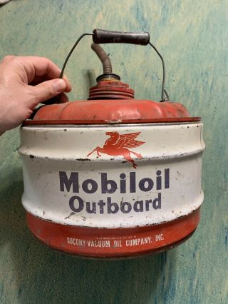 Vintage Early Mobiloil Outboard Oil Rare 2 1/2 Gallon Can With Spout Pegasus