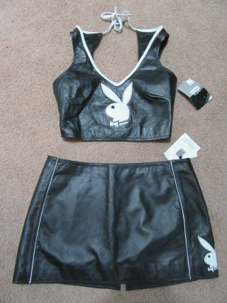 Vintage Playboy Leather Scuba Halter Top Medium Mini Skirt 8 Nwt Black White