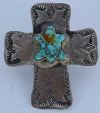 Vintage Navajo Sterling Silver & Turquoise Turtle Cross Tie Tack Or Pin,  Brooch