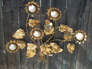 Vintage 5 Sun Flower Gold Gilt Italian Tole Wall Sconce Light Signed (hunziker