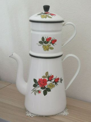 Vintage French Enameled Biggin Coffee Pot - Red Roses & Yellow Myosotis