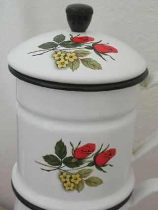 vintage French Enameled Biggin Coffee Pot - Red Roses & yellow myosotis 3