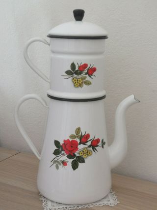 vintage French Enameled Biggin Coffee Pot - Red Roses & yellow myosotis 5