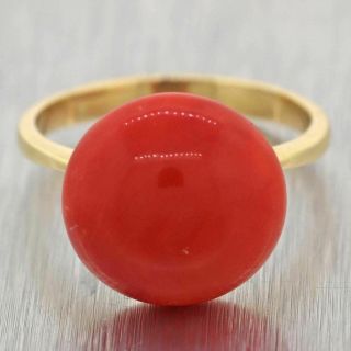 Vintage Estate Solid 18k Yellow Gold 15mm Red Coral Cocktail Ring