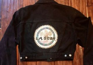Vintage La Gear Crop Denim Black Deco Embellish Jacket Size M Spellout 90’s