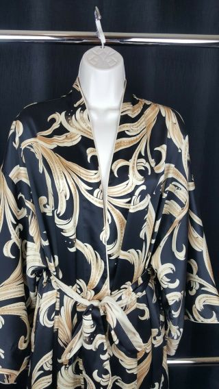 Vintage Natori Classics Black & Gold Women ' s Wrap Long Robe Kimono Sleeves Sz M 2