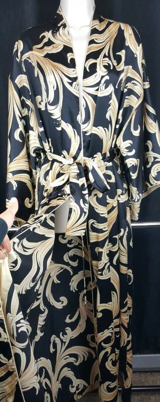 Vintage Natori Classics Black & Gold Women ' s Wrap Long Robe Kimono Sleeves Sz M 3